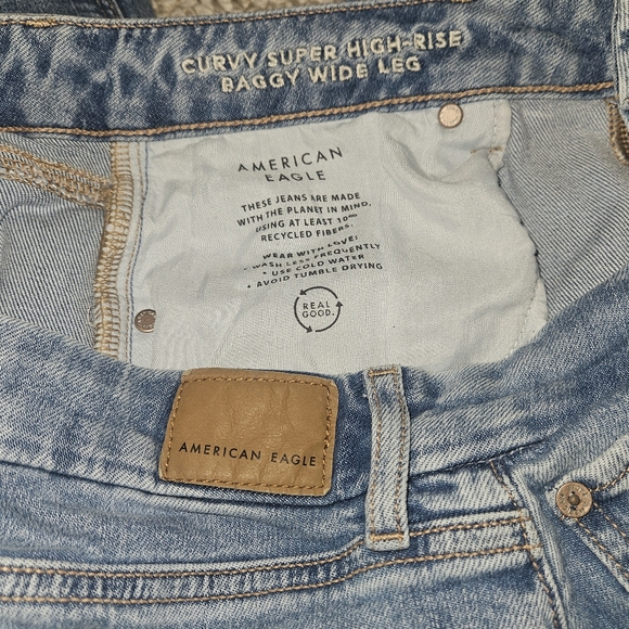 American Eagle Curvy Super High Rise Baggy Wide Leg Women's Blue Cargo Jeans 14 - Picture 16 of 16